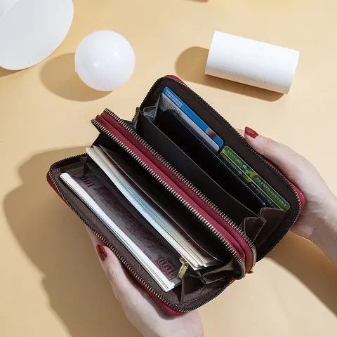 Women's Fashion Woven Texture PU Leather Long Wallet Double Zipper Large Capacity Clutch Bag with Swallow Logo Bloom Lane Style