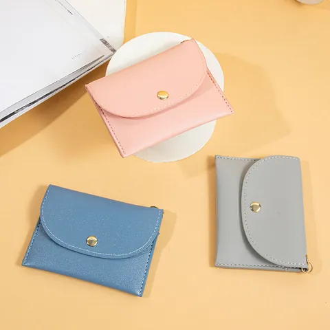 Mini Porte Monnaie pour Femmes en Cuir PU Motif Litchi Porte Cartes Avec Fermoir à Pression et Porte Clés Portefeuille