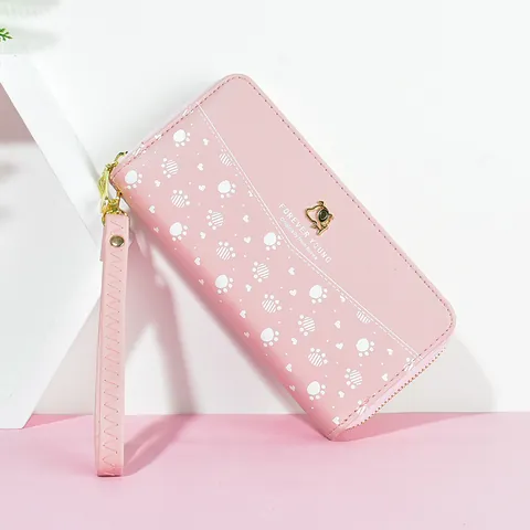 Women Long Wallet PU Leather Dog Paw Print Zipper Clutch Purse With Wristlet Strap Large Capacity Multi Card Slot Handbag