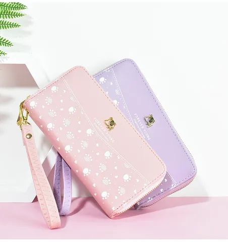 Women Long Wallet PU Leather Dog Paw Print Zipper Clutch Purse With Wristlet Strap Large Capacity Multi Card Slot Handbag