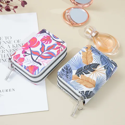 Women Double Zipper Accordion Card Holder PU Leather Floral Print Wallet Fashion Large Capacity Credit Card Case Organizer