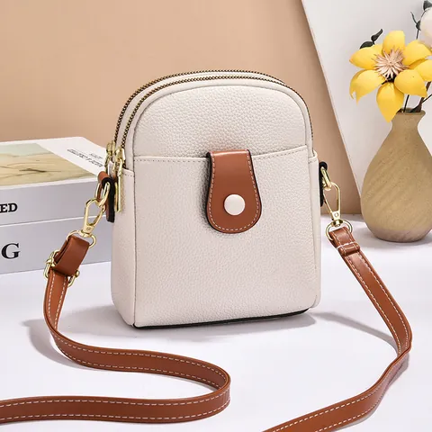 Sac Bandoulière Femme Pour Téléphone Portable Cuir PU Double Fermeture Éclair Couleur Contrastée Réglable Petit Carré