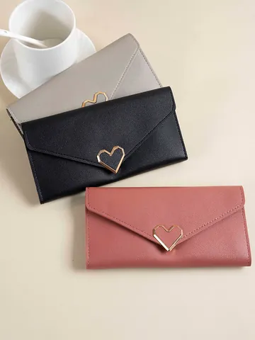 Portafoglio Lungo da Donna in Similpelle Fibbia in Metallo a Cuore Slot per Schede Multiple Pochette per Cellulare Tinta Unita Elegante