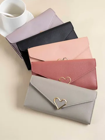 Portafoglio Lungo da Donna in Similpelle Fibbia in Metallo a Cuore Slot per Schede Multiple Pochette per Cellulare Tinta Unita Elegante