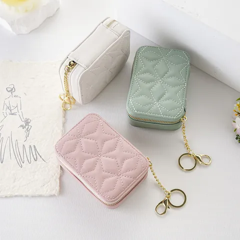 Beauty Case Donna Mini Portatile Con Specchio Trapuntato Pelle PU Borsa Cosmetica Ricamo a Diamante Porta Rossetto Piccola
