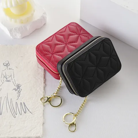 Women Portable Mini Makeup Bag With Mirror Quilted PU Leather Cosmetic Pouch Diamond Embroidery Lipstick Storage Small Bag