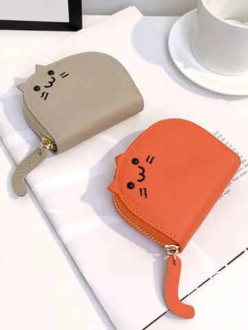 Cute Cat Face First Layer Cowhide Leather Card Holder For Women 10 Accordion Slots Zip Coin Purse Small Wallet With Cat Tail Puller