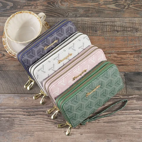 Women Long Wallet PU Leather Geometric Pattern Double Zipper Clutch Purse with Hand Strap Large Capacity Storage Fashion Bag