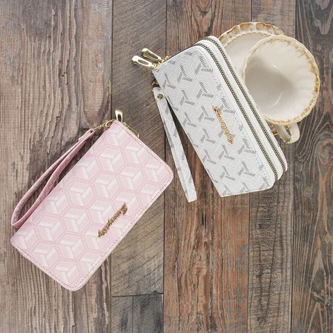 Women Long Wallet PU Leather Geometric Pattern Double Zipper Clutch Purse with Hand Strap Large Capacity Storage Fashion Bag
