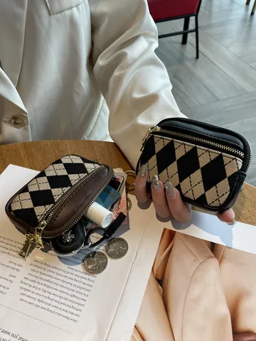 Women Mini Argyle Pattern Coin Purse Fashion Slim Canvas Polyester Wallet Gold Zipper Keyring Small Change Card Pouch