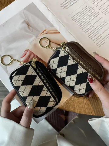 Women Mini Argyle Pattern Coin Purse Fashion Slim Canvas Polyester Wallet Gold Zipper Keyring Small Change Card Pouch