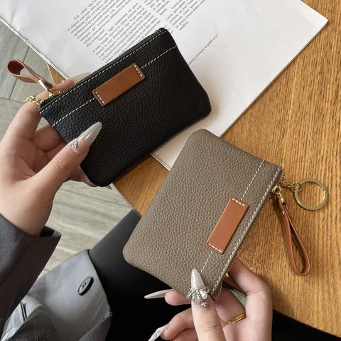 Minimalist Genuine Leather Women's Mini Coin Purse Ultra Thin Litchi Pattern Cowhide Key Bag With Keychain Small Zipper Wallet