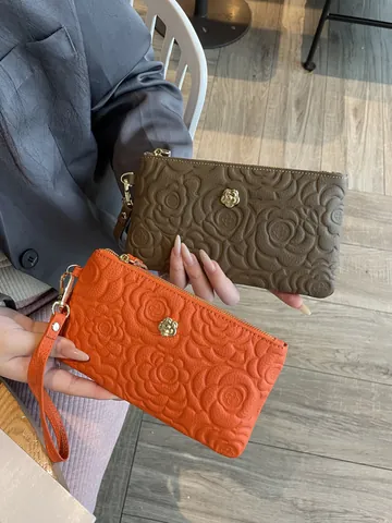 Top Layer Cowhide Genuine Leather Women Clutch Bag Camellia Floral Embossed Long Zipper Wallet Large Capacity Handbag