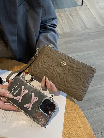Top Layer Cowhide Genuine Leather Women Clutch Bag Camellia Floral Embossed Long Zipper Wallet Large Capacity Handbag