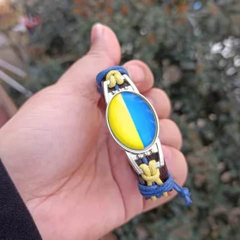 Retro Handgefertigtes Gewebtes Lederarmband Legierung Glas Zeitstein Ukraine Flagge Muster Geflochtenes Seil Schmuck Für Damen Herren