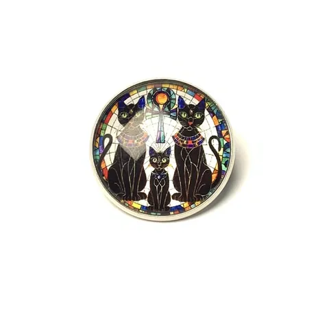 Vintage Ancient Egyptian Pharaoh Bastet Cat Time Gem Brooch Alloy Glass Animal Round Pin For Women Men Retro Jewelry Gift
