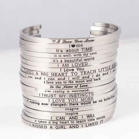 Inspirational Stainless Steel Open C-Shape Bangle For Women Engraved Motivational Quote Adjustable Fashion Jewelry Cuff Bracelet Gift