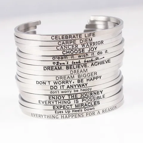 Minimalist Stainless Steel Engraved Cuff Bracelet For Women Inspirational Mantra Open C-Shape Bracelet Daily Jewelry Gift