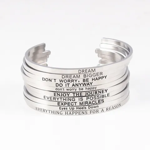 Minimalist Stainless Steel Engraved Cuff Bracelet For Women Inspirational Mantra Open C-Shape Bracelet Daily Jewelry Gift