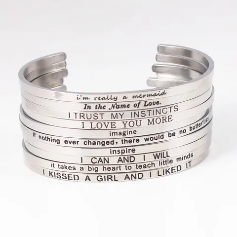 Inspirational Stainless Steel Open C-Shape Bangle For Women Engraved Motivational Quote Adjustable Fashion Jewelry Cuff Bracelet Gift