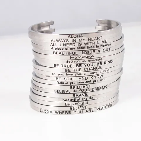 Stainless Steel Inspirational Quote Bangle For Women Open C Cuff Bracelet Mantra Lettering Minimalist Fashion Jewelry Gift