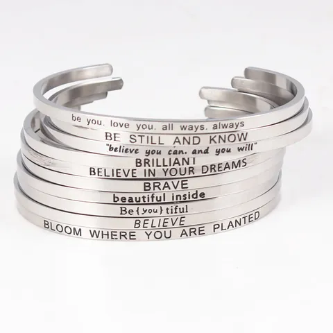 Stainless Steel Inspirational Quote Bangle For Women Open C Cuff Bracelet Mantra Lettering Minimalist Fashion Jewelry Gift