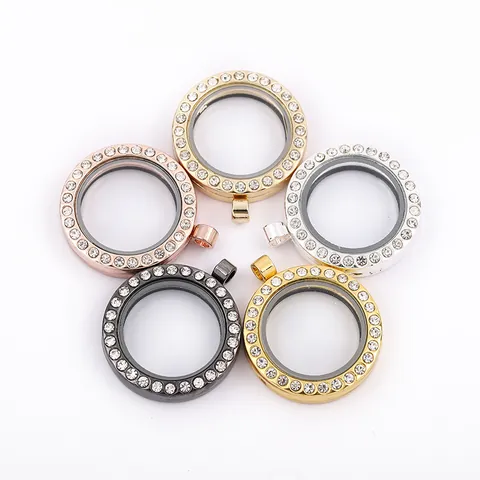 Round Alloy Rhinestone Floating Locket Pendant DIY Openable Glass Memory Locket Necklace For Women Jewelry Making Accessory