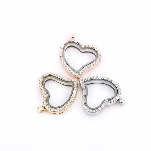Alloy Heart Floating Locket Pendant Rhinestone Glass Transparent Photo Frame Memory Jewelry For Women Necklace Accessory