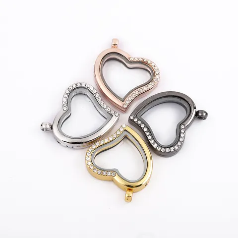 Heart Shaped Floating Locket Pendant Rhinestone Border Openable Transparent Glass Alloy Memory Frame Jewelry Finding