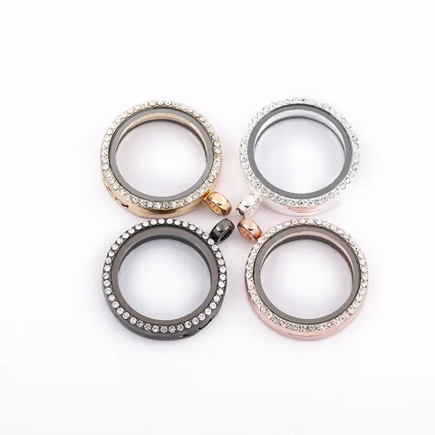 DIY Round Floating Locket Pendant Necklace For Women Alloy Rhinestone Crystal Glass Openable Memory Photo Jewelry Gift