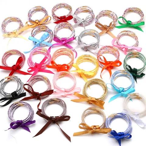5Pcs Set Silicone Jelly Bangles with Satin Bow Seed Bead Filled Waterproof Bracelet for Women Christmas Party Jewelry