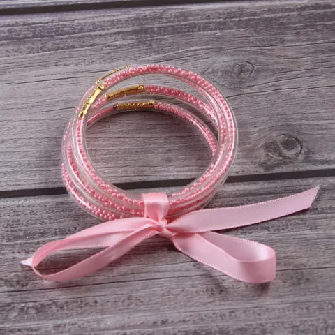Silicone Jelly Bangles Set with Seed Beads Inlaid Gold Alloy Connectors and Satin Ribbon Bow for Women Fashion Jewelry Bracelet