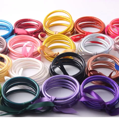 Jonc Bouddhiste Silicone Jelly Bangles For Women Gold Foil Filled Soft Tube Bracelet Set With Ribbon Bow Fashion Jewelry