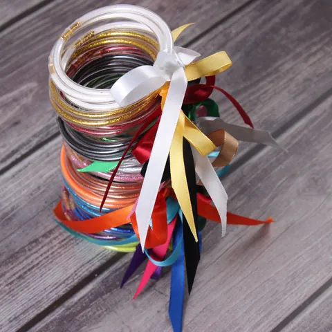 Triple Layer Silicone Glitter Jelly Bangles With Satin Ribbon Bow Sparkle Silicone Bracelets Stackable Jewelry For Women Girls
