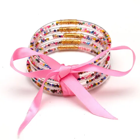 5Pcs Set Silicone Jelly Bangles with Satin Bow Seed Bead Filled Waterproof Bracelet for Women Christmas Party Jewelry