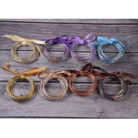 Silicone Glitter Jelly Bangles Set For Women Fashion Satin Ribbon Bow Wrap Sparkling Sequin Bracelet Jewelry Accessories