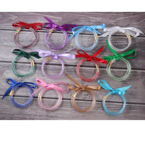 Birthstone Silicone Jelly Bangles For Women Rhinestone Filled Layered Bracelets With Ribbon Bow Fashion Party Jewelry Gift