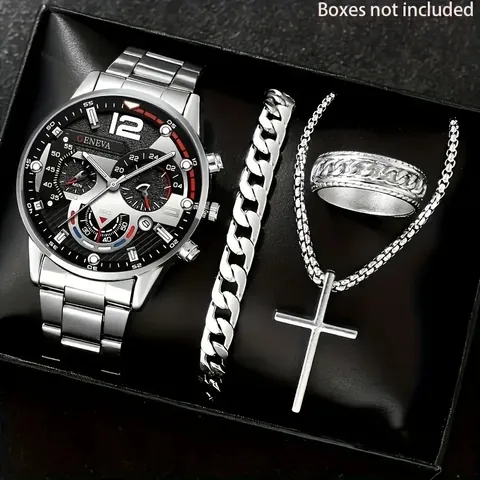 Men's Luxury Quartz Watch Set Business Alloy Steel Strap Wristwatch Cuban Bracelet Ring Cross Necklace 4-Piece Fashion Set