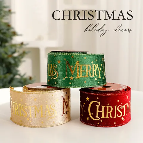 Christmas Velvet Ribbon Gold Stamping Bronzing Printed Ribbon For Gift Wrapping Xmas Tree Party Home Decoration DIY Bows