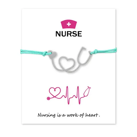 Nurse Wish Card Bracelet Adjustable Wax Rope Stethoscope Heart Pendant Bracelet For Doctor Nurse Medical Student Jewelry Gift
