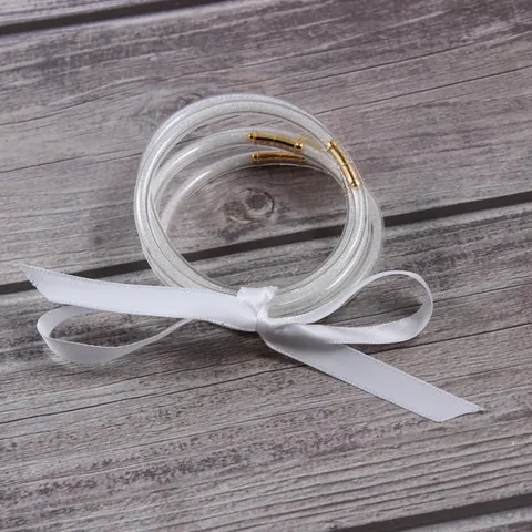All Weather Jelly Bangles For Women Transparent Silicone Glitter Filled Bracelets With Gold Metal Connectors Set Of Five