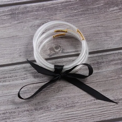 All Weather Jelly Bangles For Women Transparent Silicone Glitter Filled Bracelets With Gold Metal Connectors Set Of Five