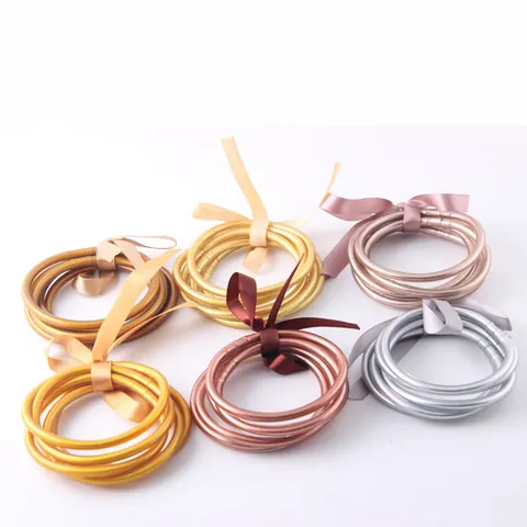 PVC Silicone Gold Foil Jelly Bangles for Women Glitter Jonc Bouddhiste Bracelet Set with Ribbon Bow Fashion Jewelry Gift