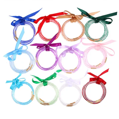 Fashionable Silicone Jelly Bangles Rhinestone Inlay Layered Birthstone Bracelet With Satin Ribbon Bow For Women Gift