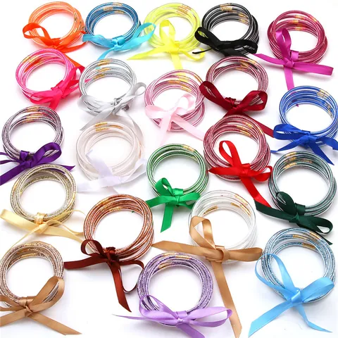 Glitter Silicone Jelly Bangles For Women Satin Ribbon Bow Five Layer Sparkling Bracelet Set Christmas Party Gift Jewelry