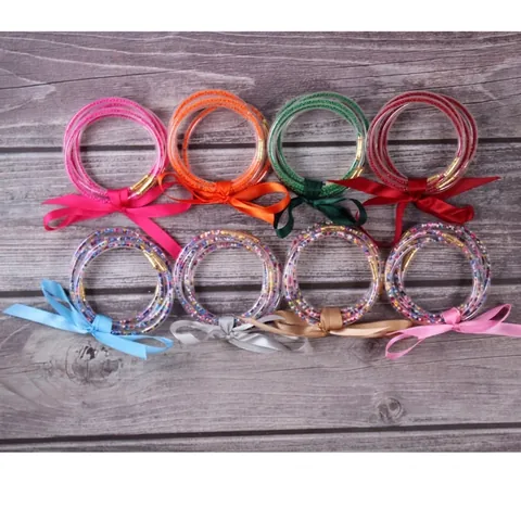 Silicone Seed Bead Jelly Bangles For Women Bohemian Sparkly Glitter Bracelet With Bow Ribbon Decoration Fashion Jewelry Accessory