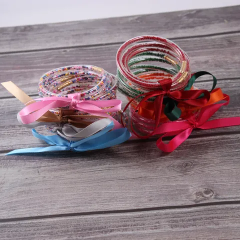 Silicone Seed Bead Jelly Bangles For Women Bohemian Sparkly Glitter Bracelet With Bow Ribbon Decoration Fashion Jewelry Accessory
