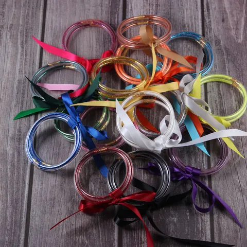 Triple Layer Silicone Glitter Jelly Bangles With Satin Ribbon Bow Sparkle Silicone Bracelets Stackable Jewelry For Women Girls