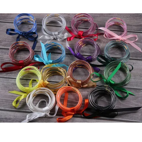 Fashion Glitter Silicone Jelly Bangles with Satin Ribbon Bow for Women Multi-layer Stackable Flexible Bracelet Jewelry for Daily Wear