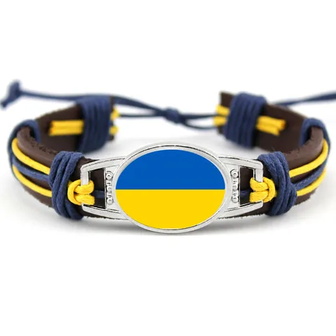 Retro Handgefertigtes Gewebtes Lederarmband Legierung Glas Zeitstein Ukraine Flagge Muster Geflochtenes Seil Schmuck Für Damen Herren
